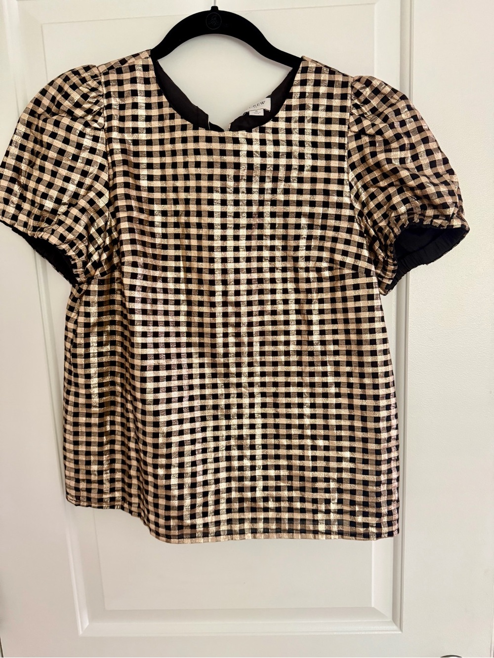 J Crew Small Metallic Black & Gold Check Puff Sleeve Top